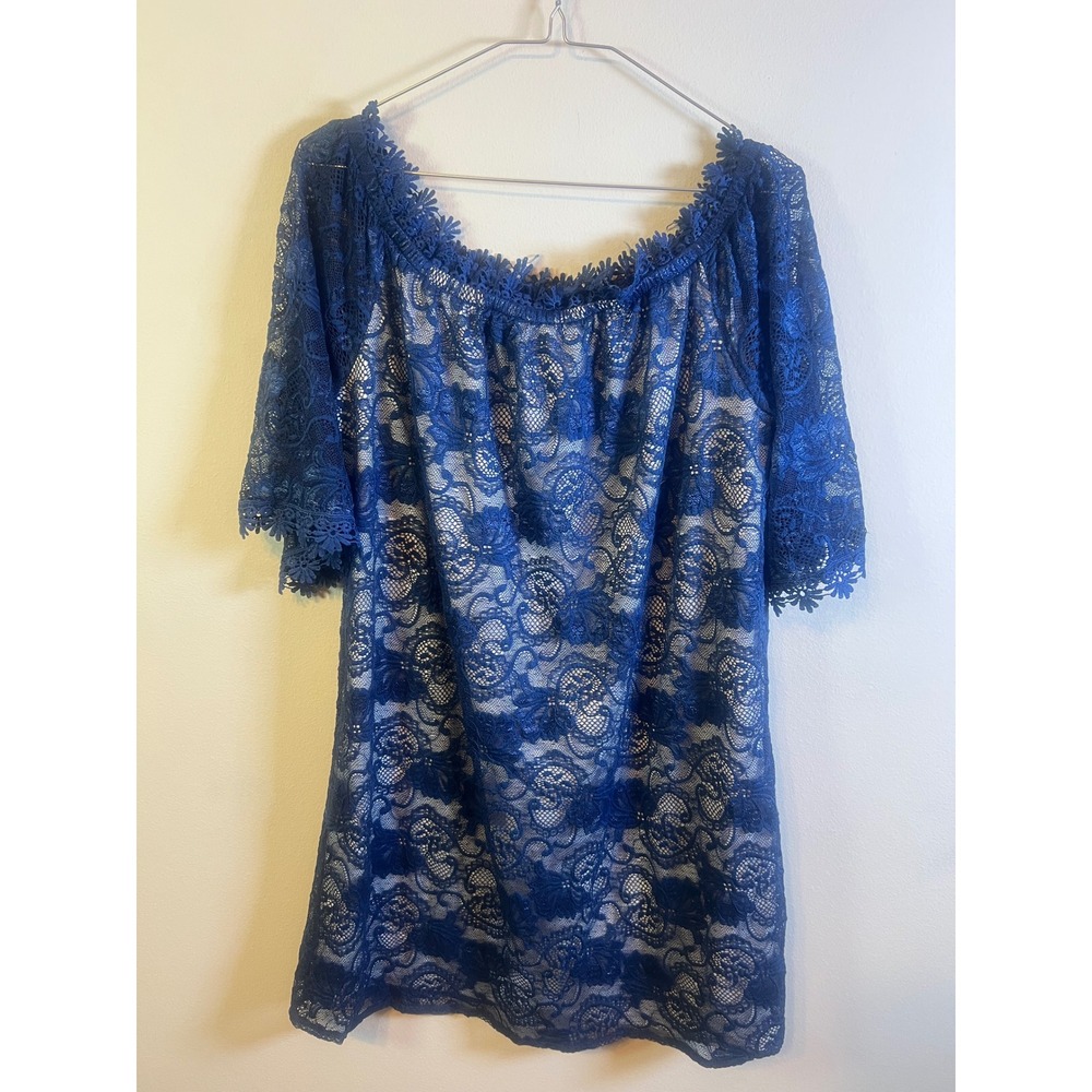 MIHOLL Womens Lace Tunic Top Off The Shoulder Navy Blue Large